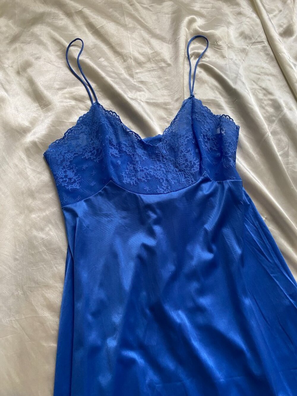 Vintage 1980s Blue Lace Full Sweep Maxi Slip Nightgown Boho Retro Small